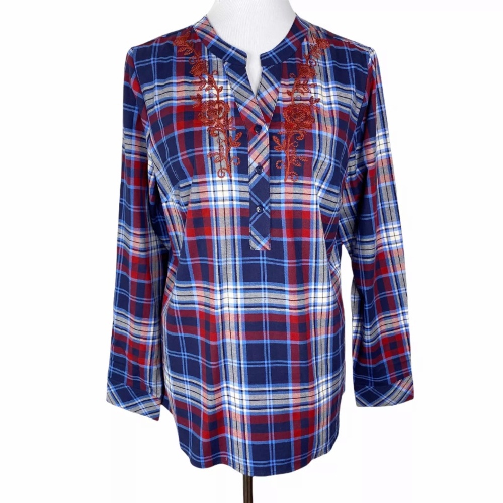 NWOT D&Co Embroidered Plaid Shirt Blue Multicolor Sz. M